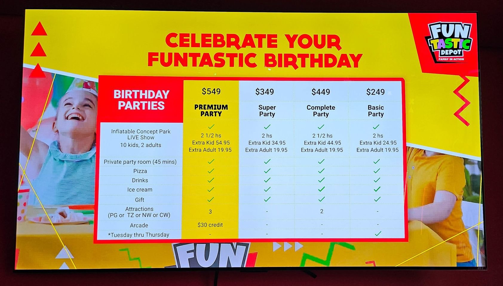 yellow screen menu with birthday party packages